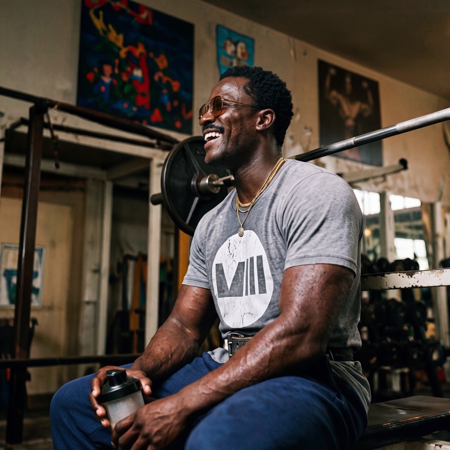 A man in an MVIII T-shirt sitting on a bench in an old gym, laughing, a shaker in one hand and a loaded barbell behind him, resting between sets