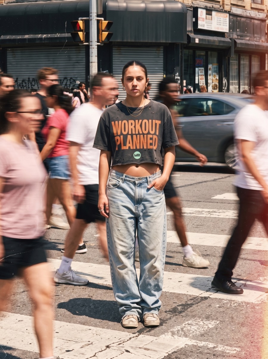 A woman standing still at a city crosswalk in a cropped WORKOUT PLANNED T-shirt while the crowd blurs past her