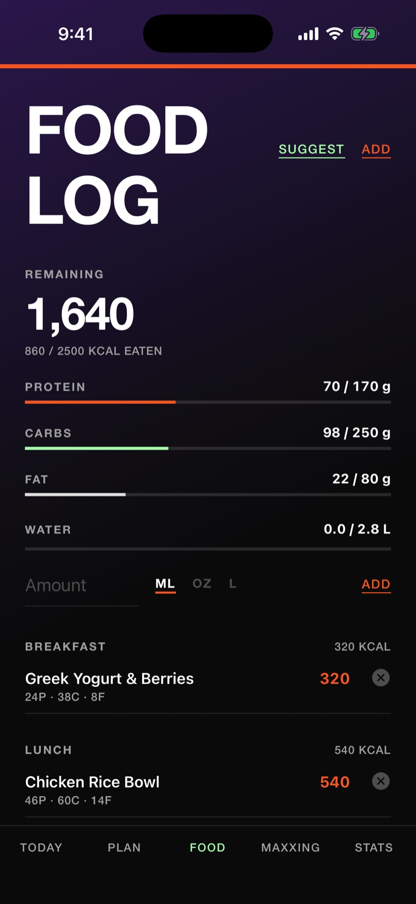 MVIII food log with remaining calories, protein, carb, fat and water gauges, and logged meals