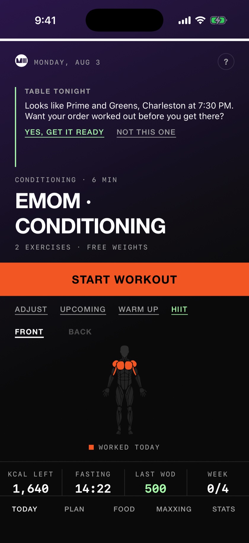 The MVIII Today screen on a HIIT plan, showing a six minute EMOM conditioning session of two exercises with a START WORKOUT button and the HIIT tab marked in green