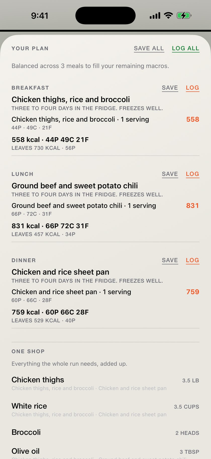 An MVIII meal prep of three cook-once dishes, each marked as keeping three to four days and freezing well, followed by a ONE SHOP list adding every dish up into 3.5 lb of chicken thighs and 3.5 cups of white rice