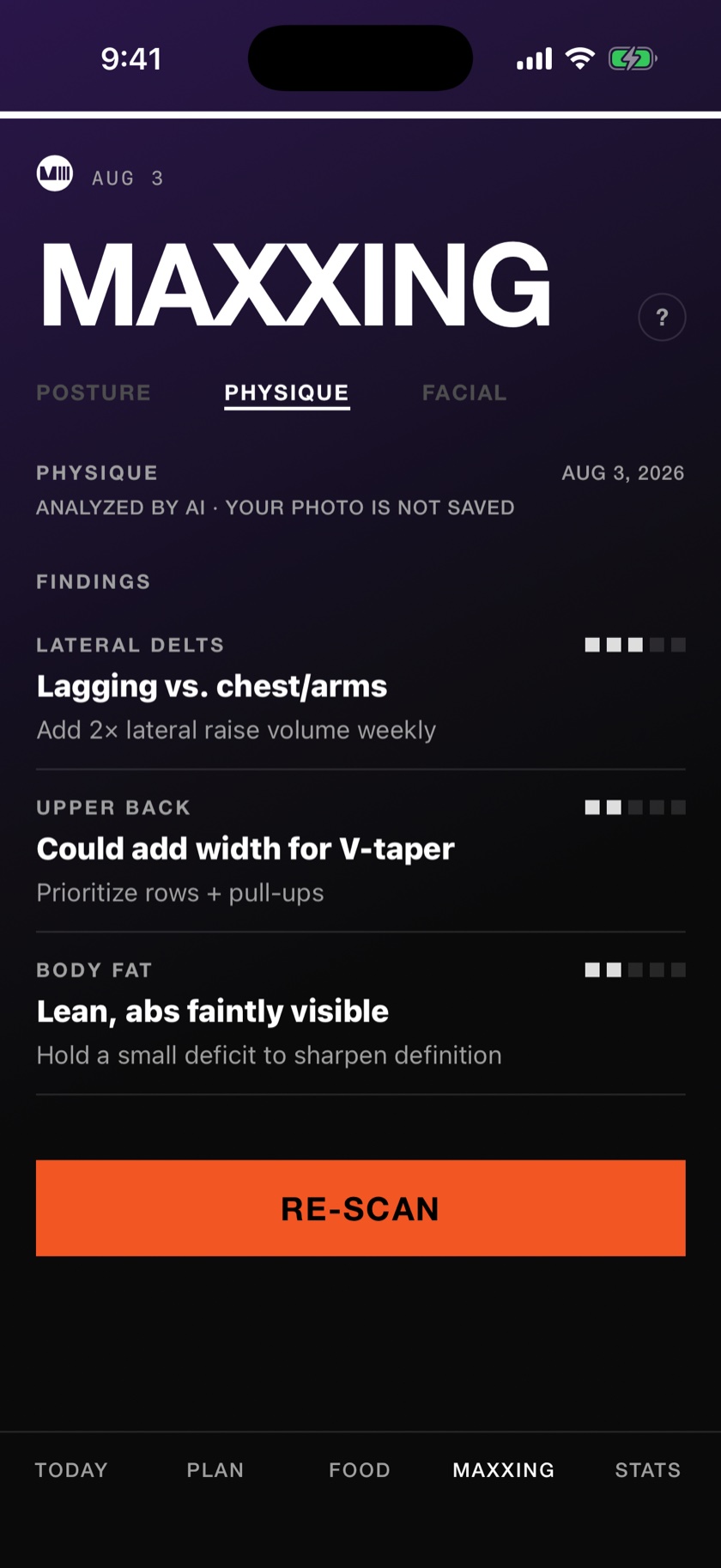 MVIII physique scan findings: lagging lateral delts and upper back, each with the training fix programmed