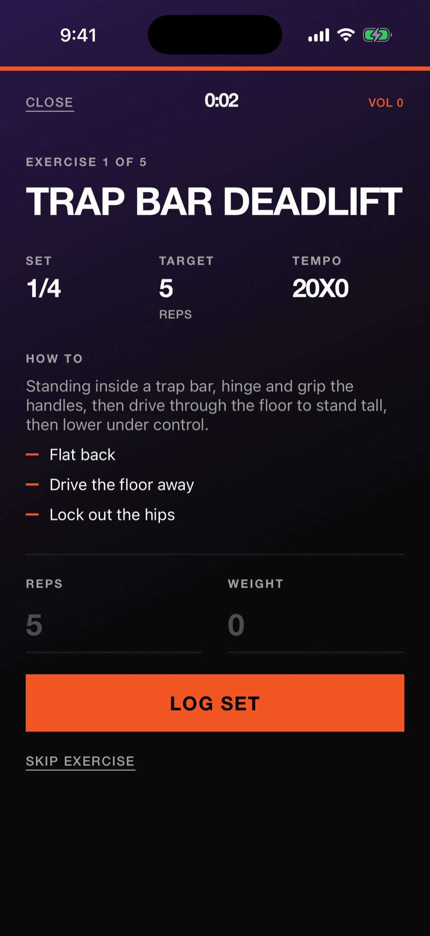 MVIII workout player showing Trap Bar Deadlift, set 1 of 4, tempo and coaching cues, with a LOG SET button