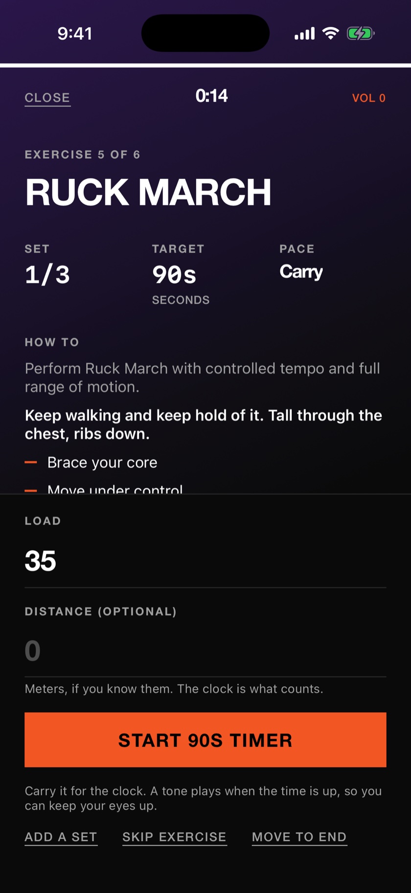 The MVIII workout player on a Ruck March, exercise 5 of 6, set 1 of 3, with a 90 second target, a pace of Carry, a load of 35, an optional distance field noting the clock is what counts, and a START 90S TIMER button