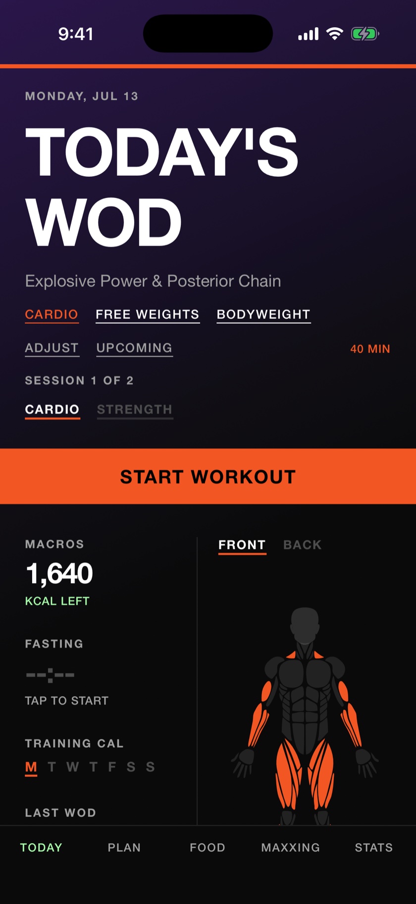 MVIII Today screen with macro count, fasting timer, training calendar, and muscle map