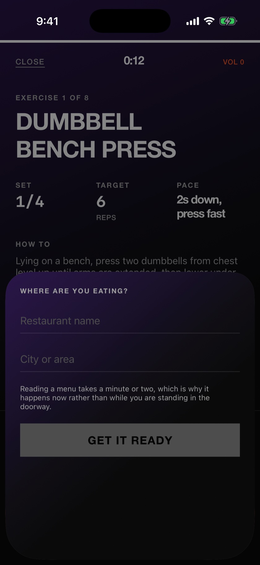 The MVIII workout player on Dumbbell Bench Press with a WHILE YOU TRAIN panel asking whether to sort your food by the time you finish, offering Today's Meals, Meal Prep and Eating Out, and a sheet asking only for a restaurant name and city because reading a menu takes a minute or two