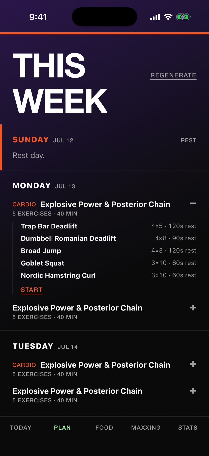 MVIII weekly plan with an expanded workout showing five exercises with sets, reps, and rest