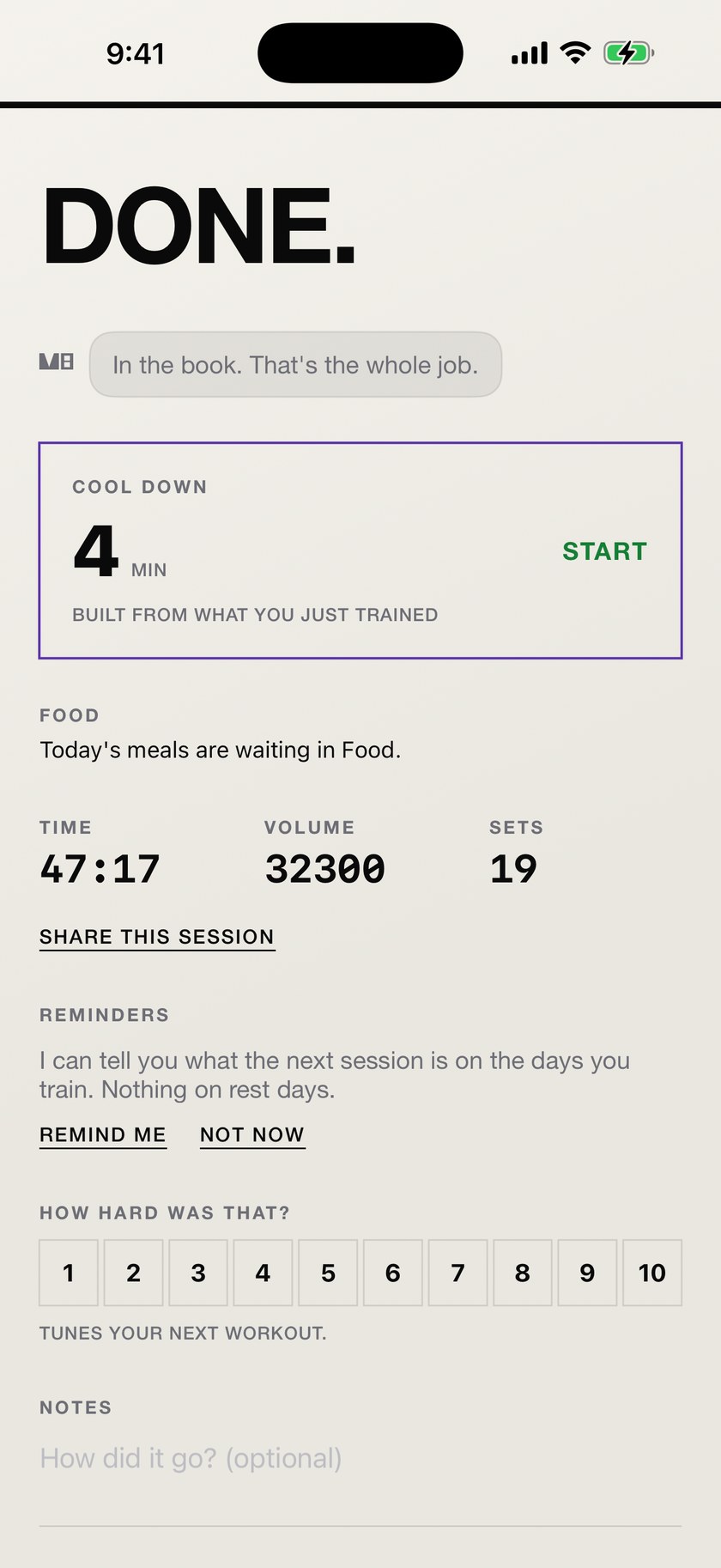 The MVIII workout summary reading DONE, with a four minute cool-down built from what you just trained, a note that today's meals are on the Food tab, a fuel figure of 188 calories over an average day earned mostly as carbohydrate, and a one to ten scale asking how hard the session was